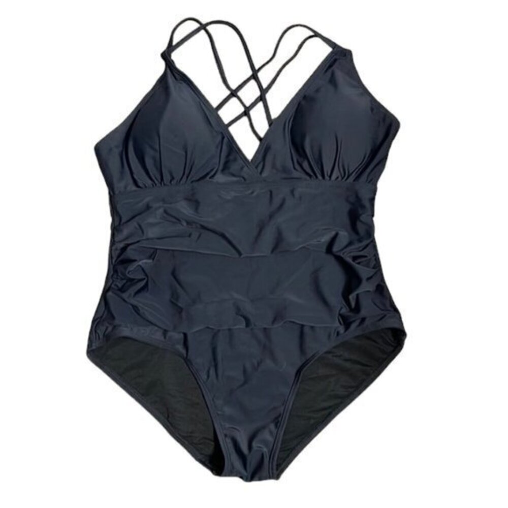 Maacie Black Swimsuit One Piece Crossback Tummy Control Size Large EUC #1752